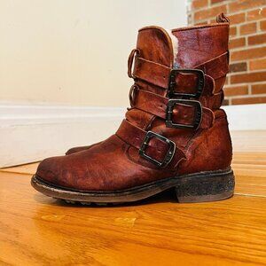 Frye Valerie Strappy Shearling Leather Boots in Cognac Size 7